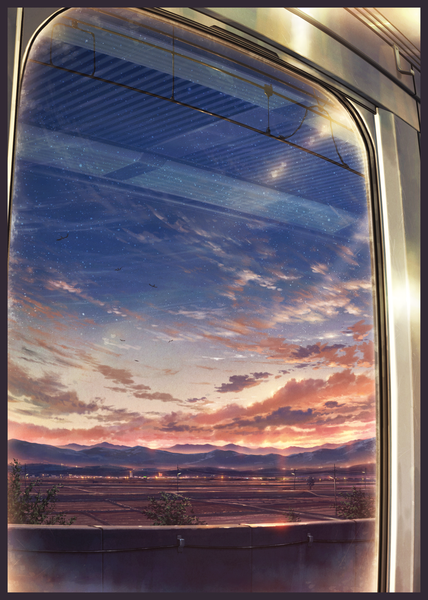 Anime picture 1246x1745 with original cola (pixiv) tall image sky cloud (clouds) sunlight evening reflection sunset mountain no people framed scenic field train interior plant (plants) animal tree (trees) window bird (birds)