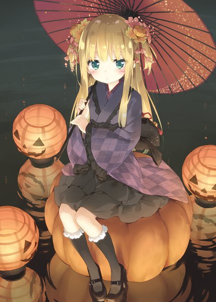 Anime picture 772x1080 with original shimotsuki potofu kani biimu single long hair tall image looking at viewer blush blue eyes blonde hair traditional clothes japanese clothes loli two side up halloween girl hair ornament socks shoes black socks