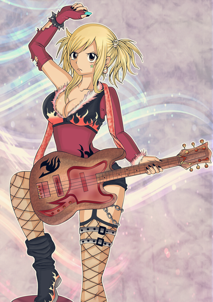 Anime picture 1000x1418 with fairy tail lucy heartfilia miliigray single long hair tall image blonde hair twintails brown eyes nail polish armpit (armpits) torn clothes face paint girl thighhighs hair ornament earrings shorts hairclip chain