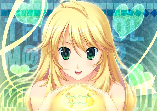 Anime picture 1200x849 with idolmaster hoshii miki maichaso (artist) long hair open mouth blonde hair green eyes girl heart