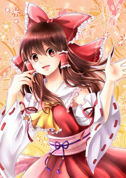 Anime picture 1300x1830 with touhou hakurei reimu tomex139 single long hair tall image open mouth black hair brown eyes miko girl bow hair bow detached sleeves