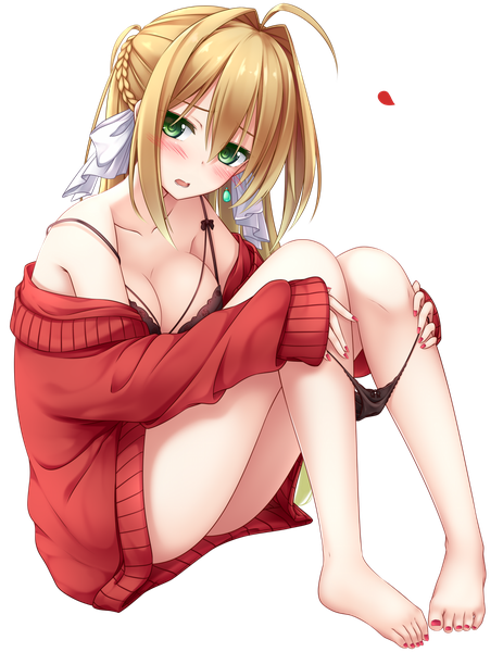 Anime picture 1157x1500 with fate (series) fate/extra nero claudius (fate) (all) nero claudius (fate) yoye (pastel white) single long hair tall image looking at viewer blush fringe breasts open mouth light erotic blonde hair hair between eyes sitting bare shoulders green eyes payot