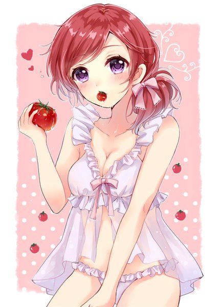 Anime picture 850x1203 with love live! school idol project sunrise (studio) love live! nishikino maki sakura hiyori single tall image blush fringe short hair breasts light erotic simple background purple eyes bare shoulders holding looking away red hair arm up bare belly