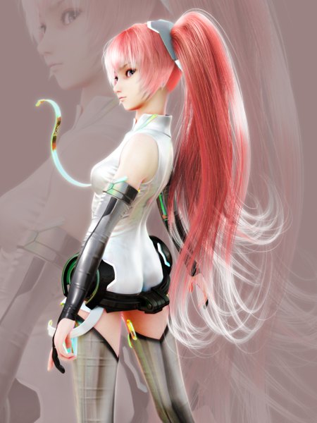 Anime picture 960x1280 with vocaloid hatsune miku sakura miku ikedan single long hair tall image light erotic purple eyes twintails pink hair profile looking back lips realistic zoom layer 3d girl