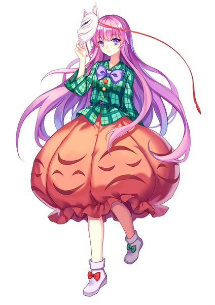 Anime picture 900x1272 with touhou hata no kokoro mirror (xilu4) single long hair tall image fringe simple background standing white background purple eyes pink hair full body standing on one leg girl shirt bowtie mask fox mask checkered shirt