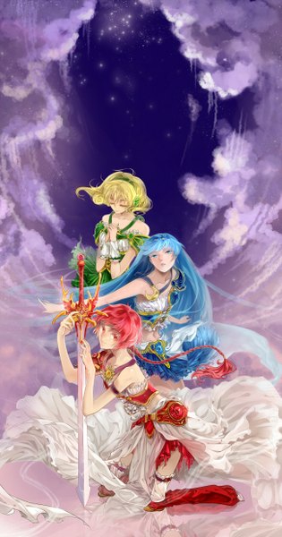 Anime picture 1300x2476 with magic knight rayearth clamp ryuuzaki umi shidou hikaru hououji fuu long hair tall image looking at viewer short hair blue eyes blonde hair smile red eyes standing bare shoulders multiple girls holding blue hair sky cloud (clouds)