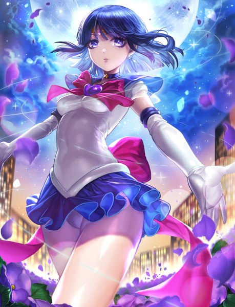 Anime picture 1224x1600 with bishoujo senshi sailor moon toei animation tomoe hotaru sailor saturn bbbox (hotpppink) single tall image looking at viewer fringe short hair breasts light erotic purple eyes blue hair girl gloves elbow gloves white gloves suit