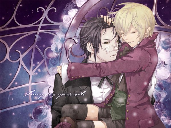 Anime picture 1400x1050 with kuroshitsuji a-1 pictures alois trancy claude faustus short hair black hair blonde hair yellow eyes eyes closed couple shounen ai boy flower (flowers) glasses rose (roses)