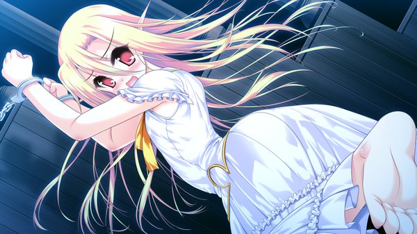 Anime picture 1280x720 with colorful cure moric (artist) long hair blush open mouth blonde hair red eyes wide image game cg barefoot pointy ears legs girl sundress