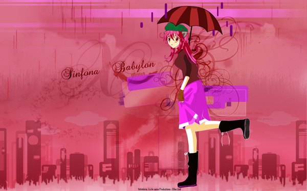 Anime picture 1440x900 with elfen lied arms corporation lucy single long hair looking at viewer smile wide image standing pink hair pink eyes horn (horns) inscription rain pink background girl gloves boots fingerless gloves umbrella
