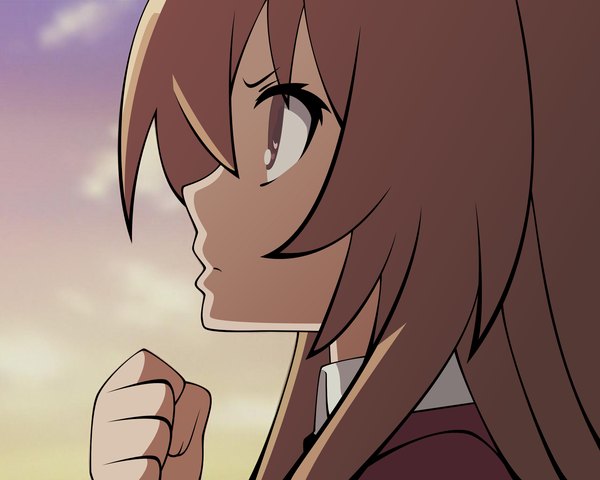 Anime picture 1920x1536 with toradora j.c. staff aisaka taiga single long hair fringe highres brown hair looking away sky profile close-up girl uniform school uniform blazer fist