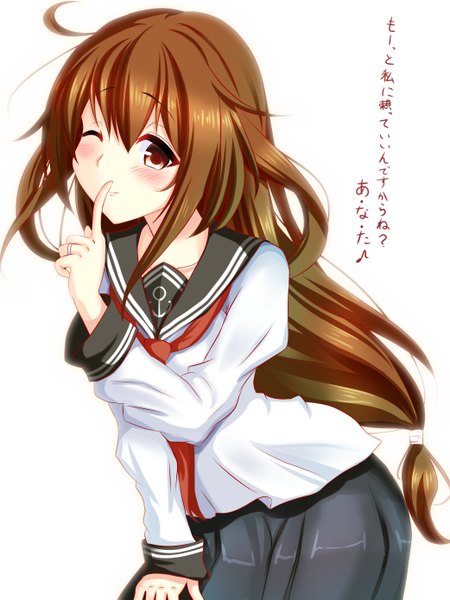 Anime picture 1042x1389 with kantai collection ikazuchi destroyer sazamiso rx single long hair tall image blush fringe simple background smile brown hair standing white background brown eyes ahoge pleated skirt one eye closed leaning text finger to mouth