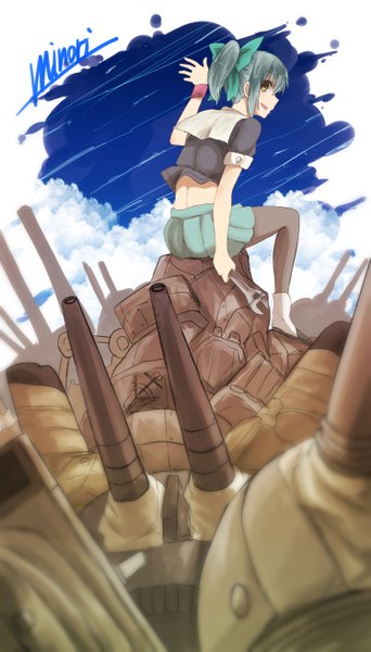 Anime picture 747x1308 with kantai collection yuubari light cruiser tsukamoto minori single tall image looking at viewer short hair open mouth sitting brown eyes sky cloud (clouds) ponytail profile looking back wind grey hair girl bow hair bow