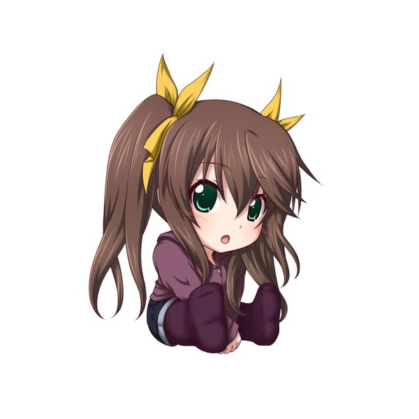 Anime picture 1736x1736 with infinite stratos 8bit fang linyin kuena long hair blush highres open mouth simple background brown hair white background twintails green eyes chibi girl bow hair bow