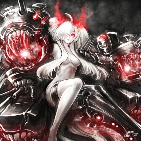 Anime picture 1500x1500 with kantai collection southern ocean war hime misawa k single long hair looking at viewer fringe breasts light erotic red eyes twintails ahoge white hair nude hair over one eye teeth black background sharp teeth white skin girl