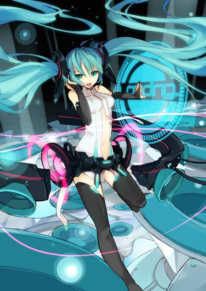 Anime picture 2480x3507 with vocaloid vocaloid append hatsune miku hatsune miku (append) tall image highres twintails green eyes green hair girl thighhighs detached sleeves headphones