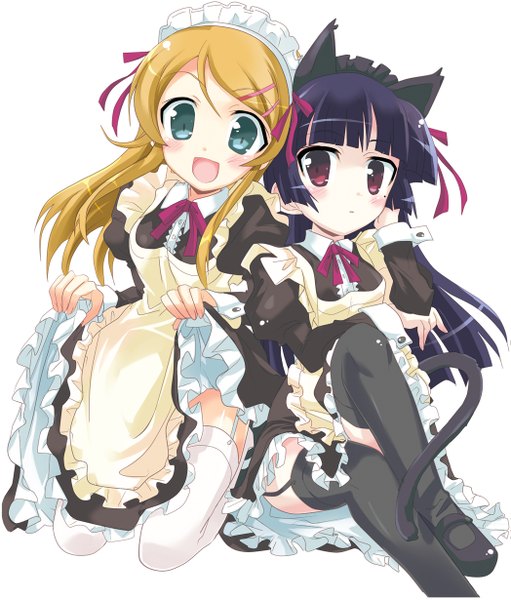 Anime picture 1047x1229 with ore no imouto ga konna ni kawaii wake ga nai gokou ruri kousaka kirino hizuki yayoi long hair tall image blush open mouth blonde hair smile red eyes sitting multiple girls animal ears purple hair tail animal tail aqua eyes cat ears maid