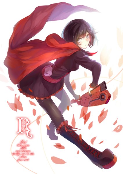 Anime picture 992x1403 with rwby rooster teeth ruby rose silversirius single long hair tall image looking at viewer blush black hair inscription grey eyes girl dress weapon petals pantyhose boots cape scythe