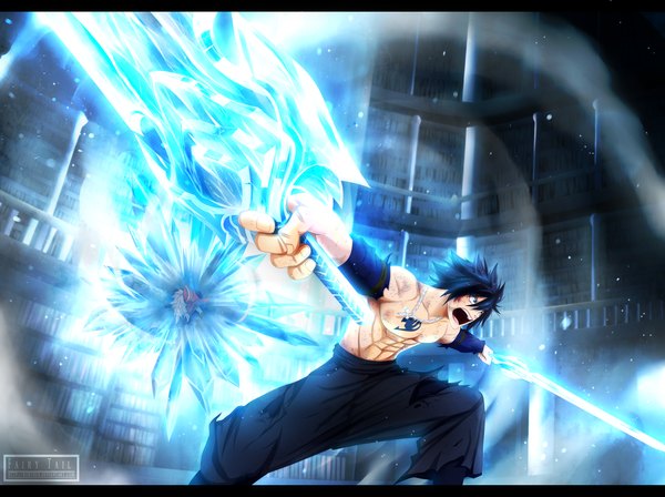 Anime picture 2949x2205 with fairy tail gray fullbuster rufus lore kortrex long hair highres short hair open mouth blue eyes black hair holding pink hair inscription tattoo coloring torn clothes magic light letterboxed smoke