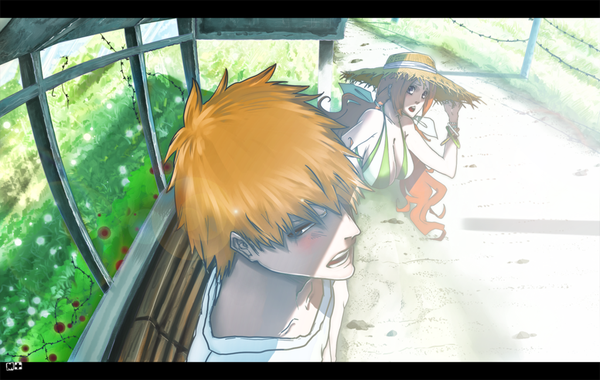 Anime picture 1024x650 with bleach studio pierrot kurosaki ichigo inoue orihime m-i-s-t-i-k-a long hair blush short hair breasts open mouth large breasts twintails from above orange hair arm support grey eyes framed girl boy plant (plants)