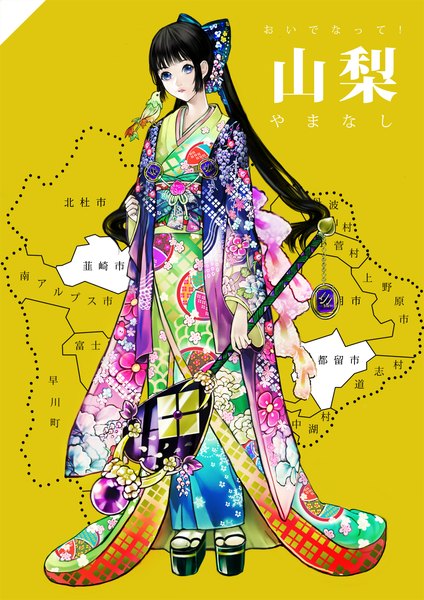 Anime picture 1000x1415 with original pantsumoriko single long hair tall image looking at viewer open mouth blue eyes black hair standing holding ponytail traditional clothes japanese clothes floral print hieroglyph girl hair ornament bow hair bow