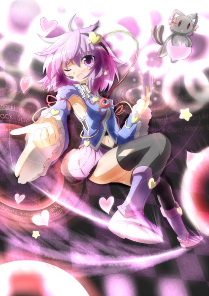 Anime picture 1835x2596 with touhou komeiji satori kaenbyou rin yurume atsushi (artist) tall image blush highres short hair open mouth pink hair one eye closed pink eyes wink singing girl thighhighs skirt black thighhighs miniskirt heart