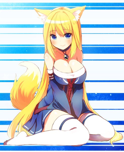 Anime picture 900x1100 with original naomi (sekai no hate no kissaten) single long hair tall image looking at viewer blush fringe breasts blue eyes light erotic blonde hair smile large breasts sitting bare shoulders animal ears cleavage tail animal tail