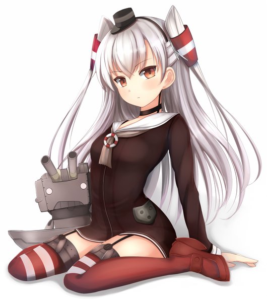 Anime picture 884x1000 with kantai collection amatsukaze destroyer rensouhou-kun kirimoti34 single long hair tall image looking at viewer blush white background brown eyes silver hair two side up girl thighhighs weapon hat shoes hair tubes sailor suit