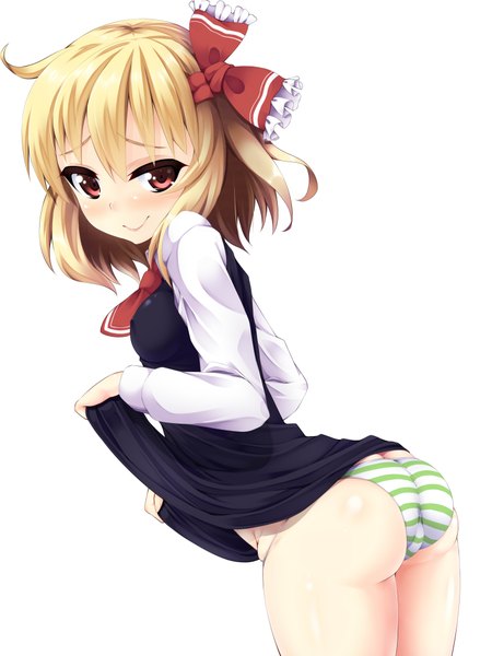 Anime picture 3000x4000 with touhou rumia amau (kosmos) single tall image looking at viewer blush highres short hair light erotic blonde hair simple background smile red eyes white background ass looking back skirt lift girl underwear