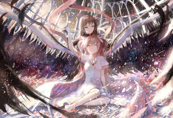 Anime picture 1800x1234 with mahou shoujo madoka magica shaft (studio) akemi homura kaname madoka goddess madoka akuma homura sishenfan long hair fringe highres hair between eyes red eyes brown hair sitting twintails multiple girls yellow eyes pink hair bent knee (knees) indoors