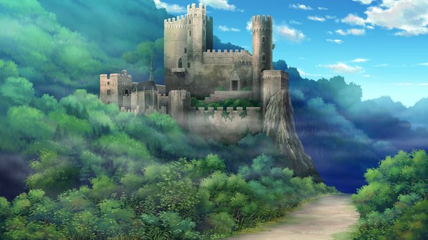 Anime picture 2048x1152 with guardian place skyfish (studio) highres wide image game cg sky cloud (clouds) landscape plant (plants) tree (trees) forest castle path