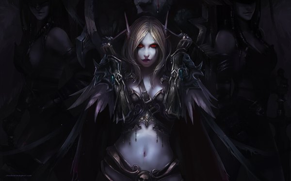 Anime picture 1800x1124 with world of warcraft blizzard entertainment sylvanas windrunner chenbo highres short hair blonde hair red eyes wide image multiple girls pointy ears realistic wallpaper elf dark elf girl navel weapon earrings sword