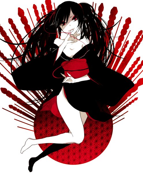 Anime picture 1570x1898 with vocaloid musunde hiraite rasetsu to mukuro (vocaloid) zatsune miku single long hair tall image highres black hair red eyes twintails japanese clothes legs girl belt kimono thread red thread