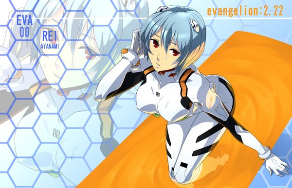 Anime picture 1403x905 with neon genesis evangelion gainax ayanami rei 23 (real xxiii) single short hair red eyes blue hair zoom layer girl bodysuit pilot suit