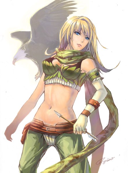 Anime picture 2113x2859 with ragnarok online gabuccc single long hair tall image looking at viewer highres blue eyes blonde hair simple background standing white background bare belly girl gloves navel animal elbow gloves belt white gloves