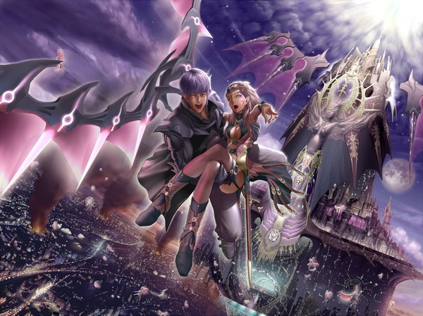 Anime picture 2000x1499 with original moyamoya long hair highres short hair open mouth purple eyes yellow eyes purple hair night flying face paint vampire girl boy wings castle