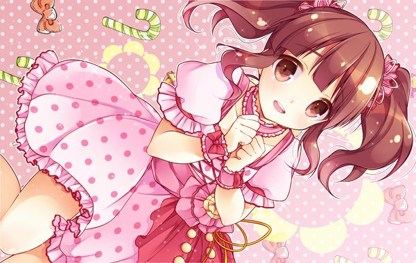 Anime picture 1010x641 with idolmaster idolmaster cinderella girls ogata chieri single blush short hair open mouth brown hair brown eyes sparkle girl dress food sweets