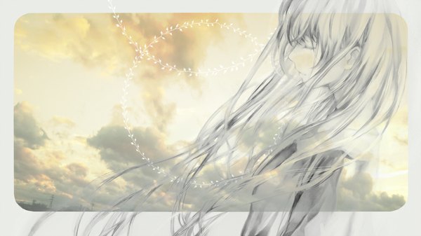 Anime picture 1000x562 with vocaloid megurine luka ebisu kana single long hair wide image sky cloud (clouds) eyes closed profile wind monochrome girl dress