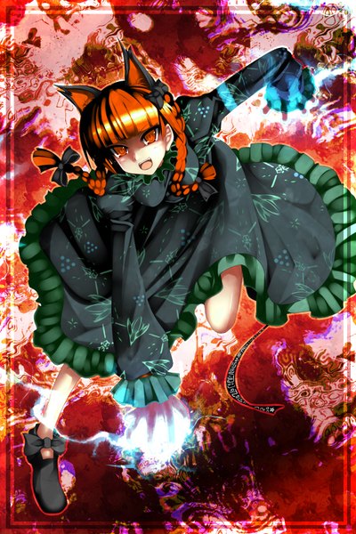 Anime picture 1200x1800 with touhou kaenbyou rin kazetto (kazetsuto) single tall image open mouth red eyes animal ears red hair braid (braids) cat ears twin braids magic framed extra ears girl dress