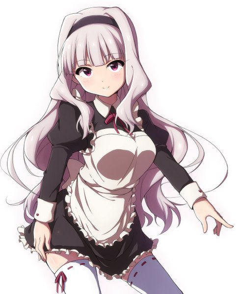 Anime picture 2270x2820 with idolmaster idolmaster cinderella girls kanzaki ranko rariemonn single long hair tall image looking at viewer blush highres simple background smile white background silver hair pink eyes light smile maid girl thighhighs white thighhighs