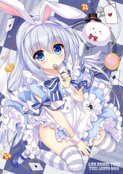 Anime picture 781x1100 with gochuumon wa usagi desu ka? alice in wonderland white fox kafuu chino tippy (gochiusa) ameto yuki single long hair tall image looking at viewer blush blue eyes animal ears white hair loli bunny ears cosplay girl thighhighs dress