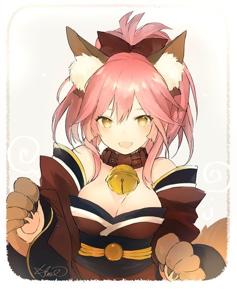 Anime picture 650x821 with fate (series) fate/extra tamamo (fate) (all) tamamo cat (fate) lpip single long hair tall image blush fringe breasts open mouth simple background smile hair between eyes large breasts white background signed animal ears yellow eyes