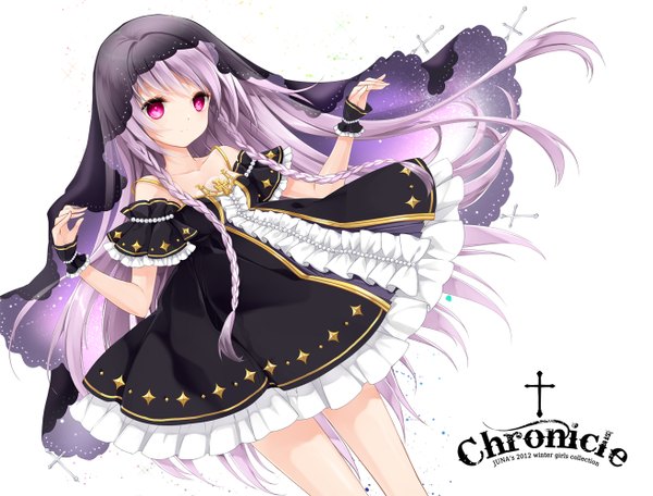 Anime picture 1313x1000 with original juna single long hair simple background white background purple eyes purple hair braid (braids) inscription twin braids girl dress frills