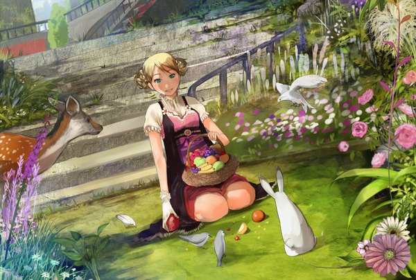 Anime picture 1750x1180 with original shigureteki highres blonde hair sitting green eyes flower (flowers) animal bird (birds) fruit stairs basket