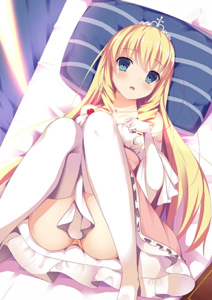 Anime picture 777x1099 with amagi brilliant park kyoto animation latifa fleuranza chuxue hateno-yukimi single long hair tall image looking at viewer blush fringe open mouth blue eyes light erotic blonde hair bent knee (knees) lying on back drill hair legs up