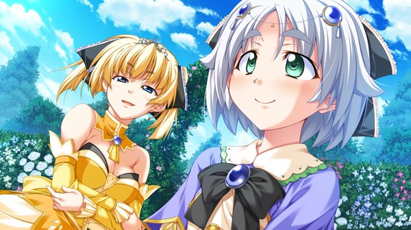 Anime picture 1920x1080 with taiyou no promia elegano von kreutzer enosera von kreutzer highres short hair blue eyes blonde hair wide image multiple girls green eyes game cg grey hair girl dress 2 girls