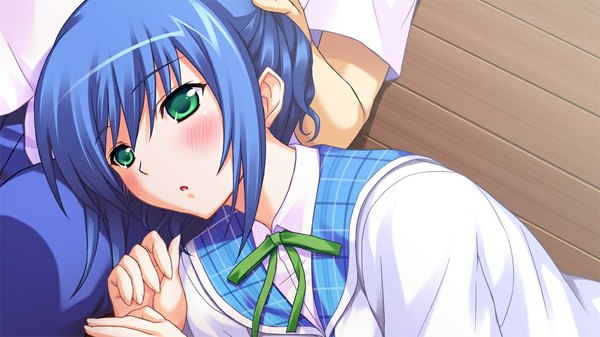 Anime picture 1024x576 with primary step blush short hair wide image green eyes blue hair game cg girl serafuku