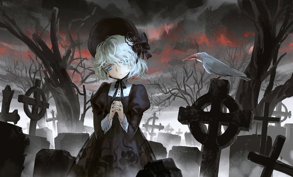 Anime picture 1322x800 with original seeker single short hair blue eyes wide image long sleeves nail polish head tilt fingernails puffy sleeves floral print hands clasped bare tree messy hair fog girl dress plant (plants) animal