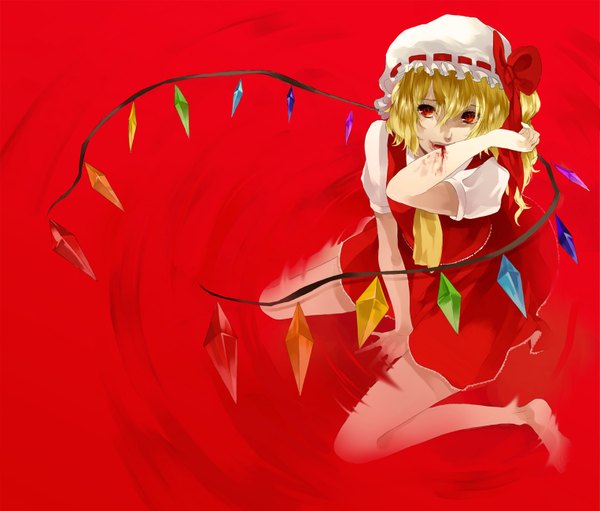 Anime picture 1526x1301 with touhou flandre scarlet rokamo single blonde hair simple background red eyes one side up red background bite girl skirt bow hat wings blood skirt set crystal