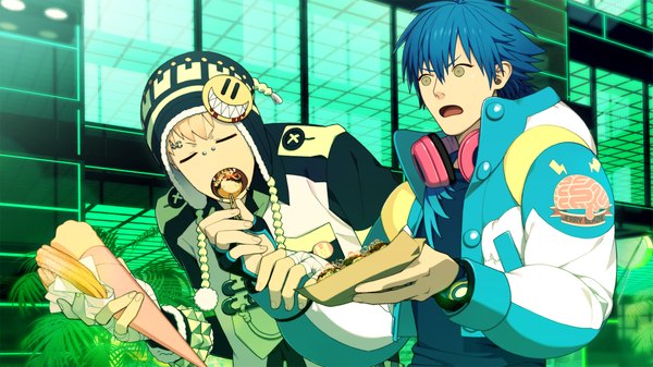 Anime picture 2048x1152 with dramatical murder nitro+chiral aoba (dmmd) noiz (dmmd) honya lala long hair highres short hair open mouth blonde hair wide image yellow eyes blue hair eyes closed multiple boys piercing eating eyebrow piercing boy food
